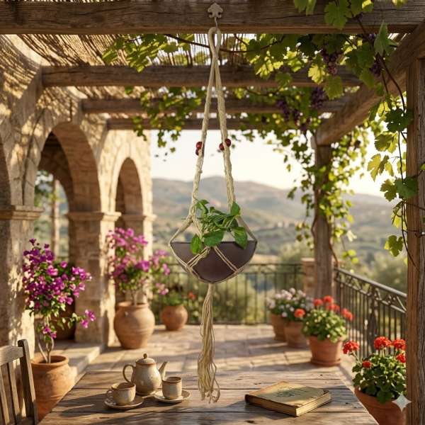 Natürliche Sisal Blumenampel mit Topf ca. 140 cm - Gartendekoration